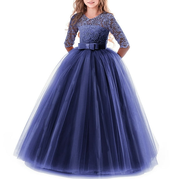 FYMNSI Girls Dresses Toddler Kids Lace 3/4 Sleeves Floral Princess Dress Wedding Party Formal Evening Long Gown 13-14 Years Navy Blue