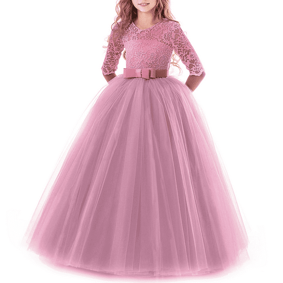 FYMNSI Girls Dresses Toddler Kids Lace 3/4 Sleeves Floral Princess Dress Wedding Party Formal Evening Long Gown 9-10 Years Bean Pink