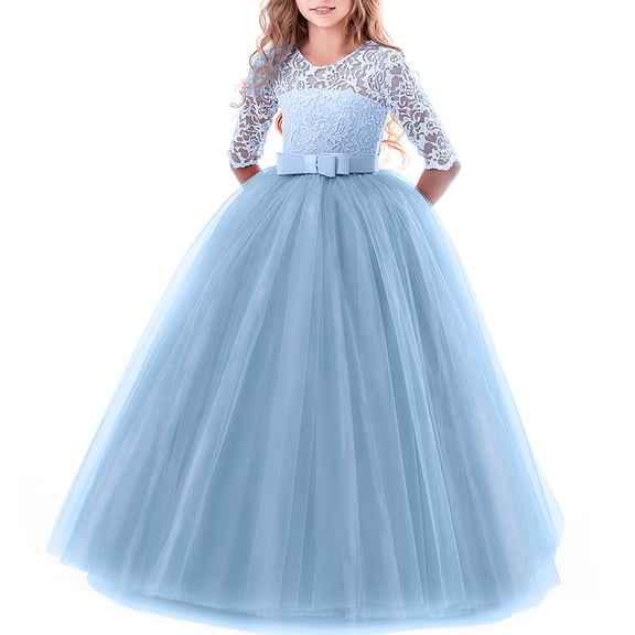 FYMNSI Girls Dresses Toddler Kids Lace 3/4 Sleeves Floral Princess Dress Wedding Party Formal Evening Long Gown 5-6 Years Sky Blue