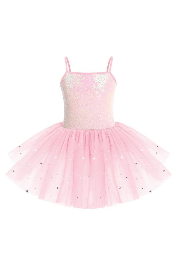 Little Girls Skirted Leotard Sparkly Sequin Camisole Ballet Tutu Dress Ballerina Dress Up Dance Outfit Gymnastics Costume for Kids Dancewear Stage Performance 5-6 Years Pink