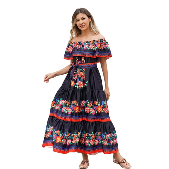 FYMNSI Mexican Maxi Dresses for Women Floral Print Off Shoulder Boho Long Dress Summer Beach Sundress