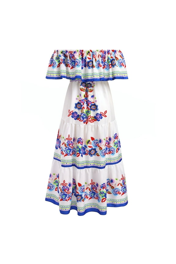 Mexican Dress for Women Floral Print Off Shoulder Boho Long Maxi Dress Summer Sun Dress