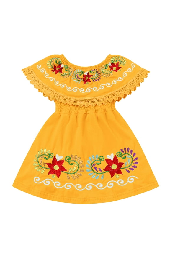 Mexican Dresses for Girls Toddler Ethnic Floral Embroidered Fiesta Dress Baby Casual Ruffle Sundress 18-24 Months Yellow