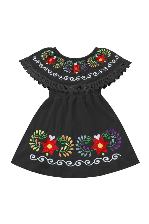 Mexican Dresses for Girls Toddler Ethnic Floral Embroidered Fiesta Dress Baby Casual Ruffle Sundress 2-3T Black