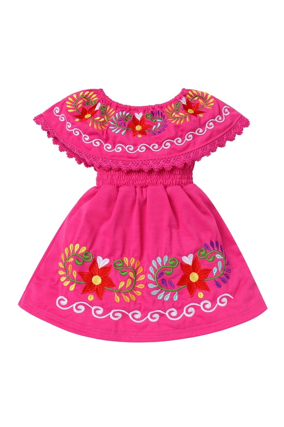 Mexican Dresses for Girls Toddler Ethnic Floral Embroidered Fiesta Dress Baby Casual Ruffle Sundress 5-6T Rose Red