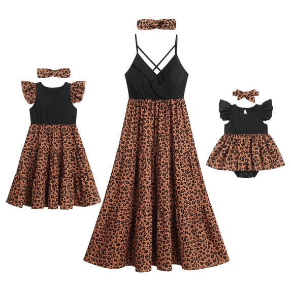 FYMNSI Mommy and Me Dresses with Headband Leopard Print Ruffle Sleeveless/ Flutter-Sleeve Tank Sundress Mom Daughter Matching Outfit Set (Baby 12-18M)