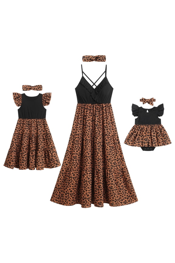 Mommy and Me Dresses with Headband Leopard Print Ruffle Sleeveless/ Flutter-Sleeve Tank Sundress Mom Daughter Matching Outfit Set (Baby 12-18M)