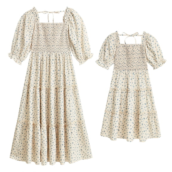 FYMNSI Girls Dresses Mommy and Me Floral Smocked Tiered Dress Half Sleeve Spring Summer A-Line Ruffle Dress 7-8 Years