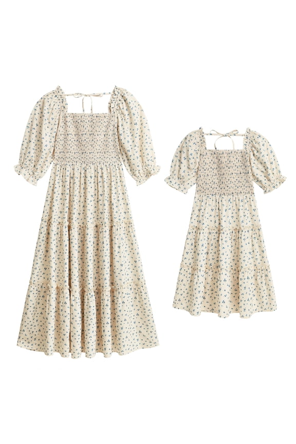 Girls Dresses Mommy and Me Floral Smocked Tiered Dress Half Sleeve Spring Summer A-Line Ruffle Dress 7-8 Years