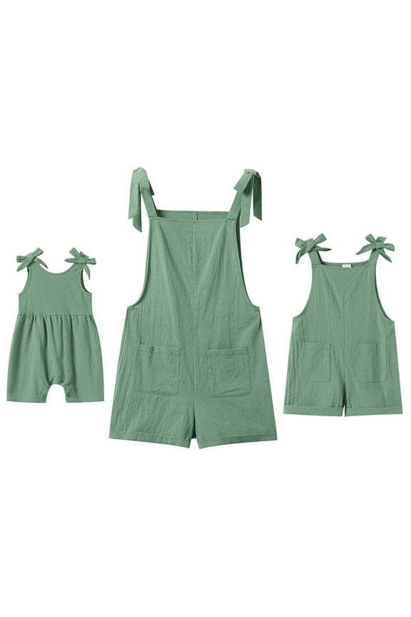 Mommy and Me Short Jumpsuits Matching Outfits Women Casual Sleeveless Loose Rompers Girls Bowknot Tie Straps Overalls with Pockets Green (Baby Girl 12-18M)
