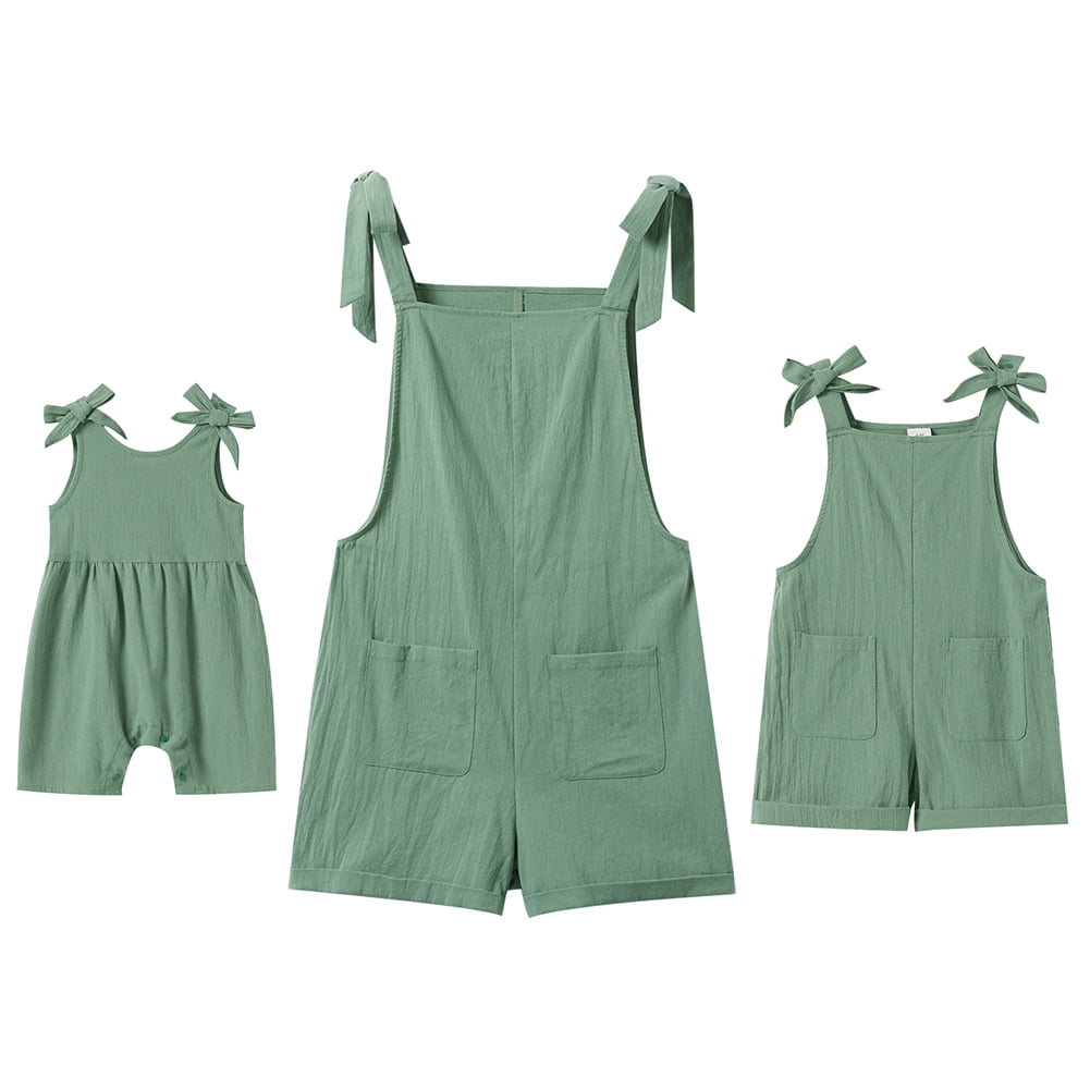FYMNSI Mommy and Me Short Jumpsuits Matching Outfits Women Casual Sleeveless Loose Rompers Girls Bowknot Tie Straps Overalls with Pockets Green (Mom S)
