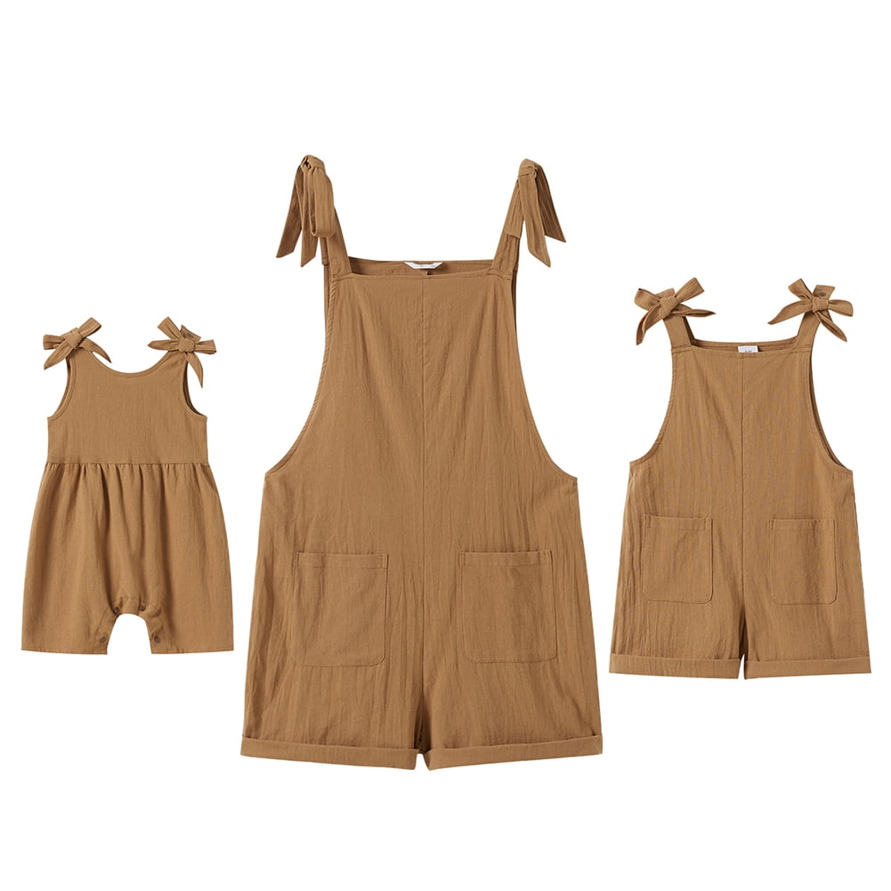 FYMNSI Mommy and Me Short Jumpsuits Matching Outfits Women Casual Sleeveless Loose Rompers Girls Bowknot Tie Straps Overalls with Pockets Khaki (Girl 6-7T)