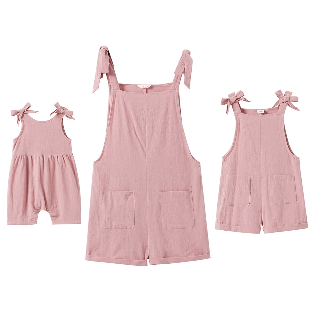 FYMNSI Mommy and Me Short Jumpsuits Matching Outfits Women Casual Sleeveless Loose Rompers Girls Bowknot Tie Straps Overalls with Pockets Pink (Baby Girl 3-6M)