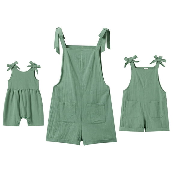 FYMNSI Mommy and Me Short Jumpsuits Matching Outfits Women Casual Sleeveless Loose Rompers Girls Bowknot Tie Straps Overalls with Pockets Green (Baby Girl 9-12M)