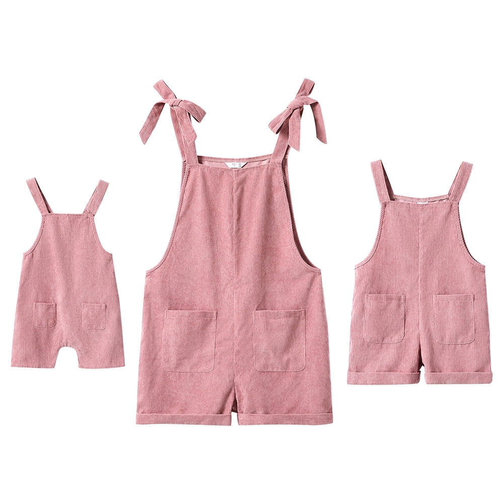 FYMNSI Mommy and Me Short Jumpsuits Matching Outfits Women Casual Sleeveless Loose Rompers Girls Bowknot Tie Straps Overalls with Pockets Pink Corduroy (Baby Girl 9-12M)