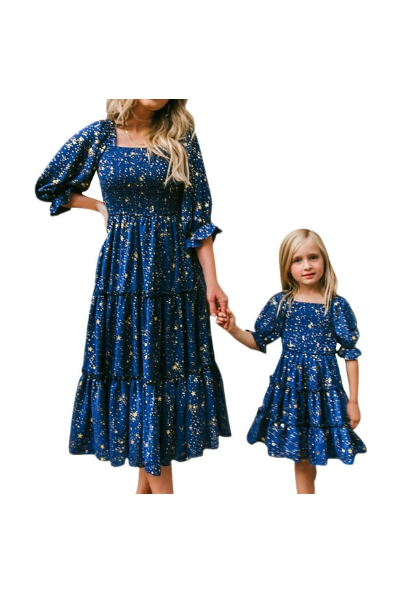 Girls Dresses Mommy and Me Star Print Smocked Tiered Dress Half Sleeve Spring Summer A-Line Ruffle Dress 7-8 Years