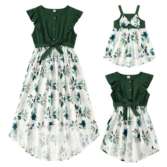 FYMNSI Mommy and Me Summer Casual Boho Dresses Floral A-Line Ruffled Sleeveless Sundress Family Matching Outfits Flowy Beach Hawaiian Dress Green (Baby Girl3-6M)