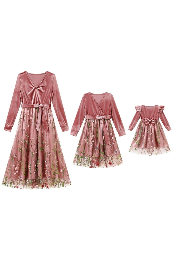 Mommy and Me Christmas Dresses Velvet Long Sleeve Xmas Dress for Girls Floral Matching Outfit Set Pink 2-3T
