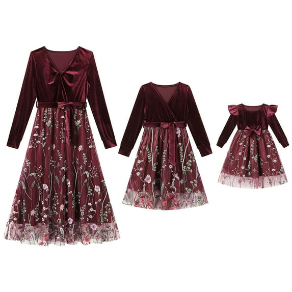 FYMNSI Mommy and Me Christmas Dresses Velvet Long Sleeve Xmas Dress for Girls Floral Matching Outfit Set Red 4-5T