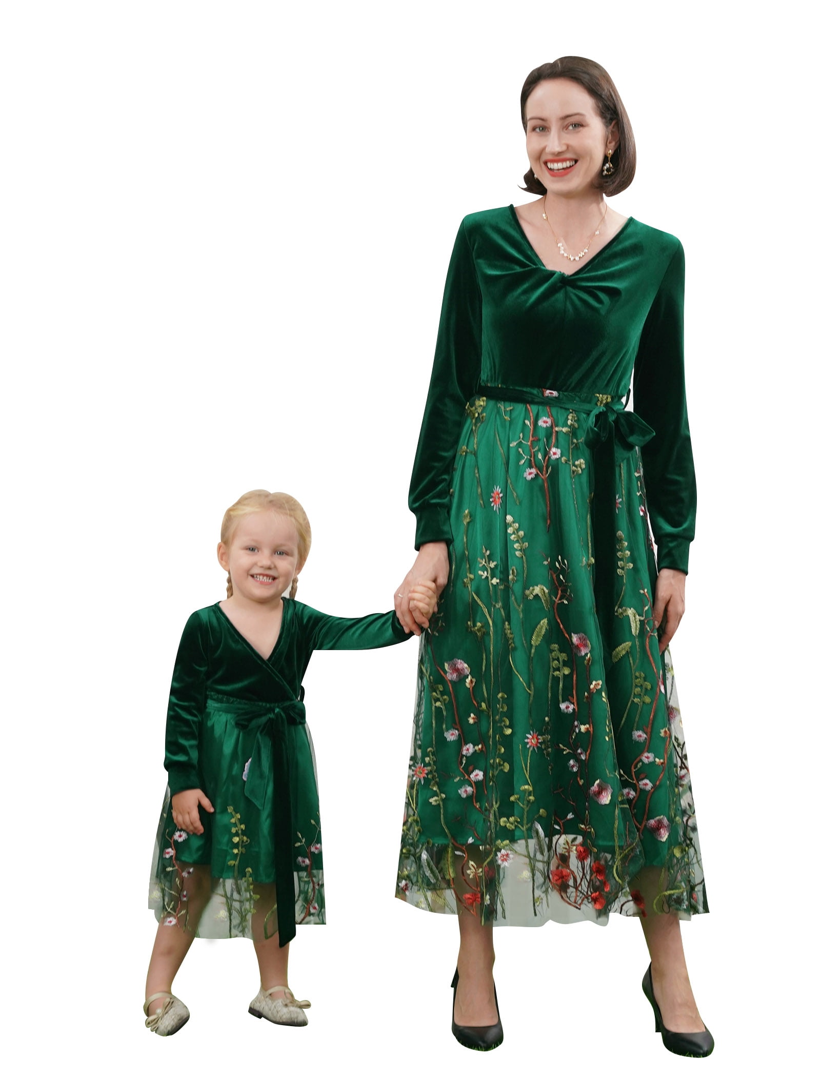 FYMNSI Mommy and Me Christmas Dresses Velvet Long Sleeve Xmas Dress for  Women Floral Matching Outfit Set Green M - Walmart.com
