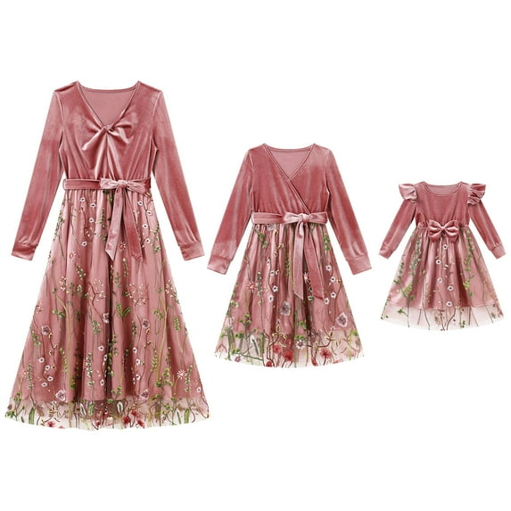 FYMNSI Mommy and Me Christmas Dresses Velvet Long Sleeve Xmas Dress for Women Floral Matching Outfit Set Pink S
