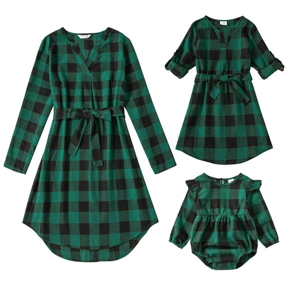 FYMNSI Mommy and Me Christmas Outfit Plaid Gingham Print Dresses Holiday Party Family Matching Dress Green (Baby 3-6 Months)