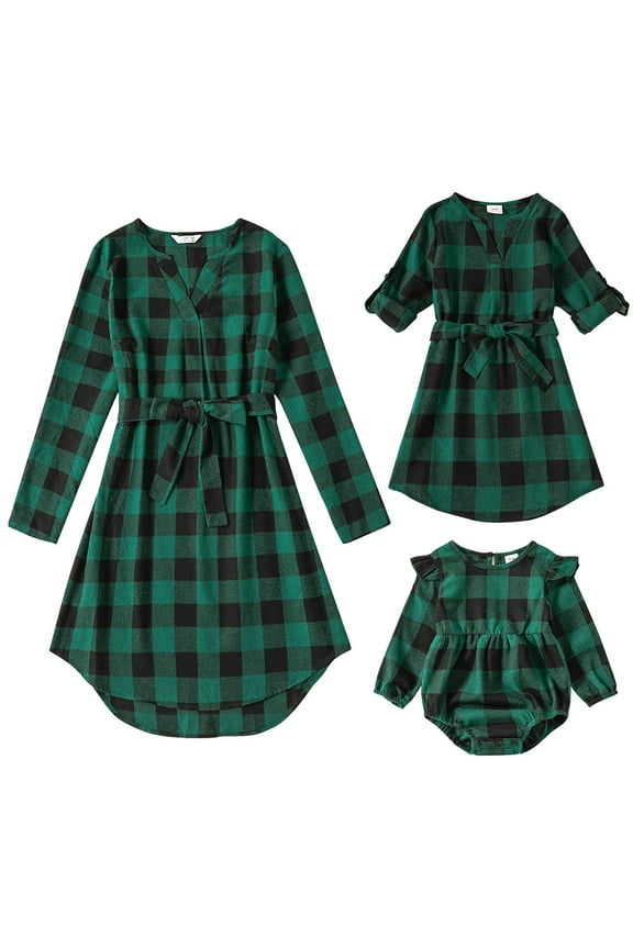 Mommy and Me Christmas Outfit Plaid Gingham Print Dresses Holiday Party Family Matching Dress Green (Women S)