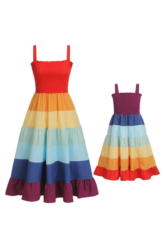 Toddler Tank Dress Summer Floral Smocked Sundress Mommy and Me Dresses Family Matching Outfits Girl Clothes Rainbow 3-4T