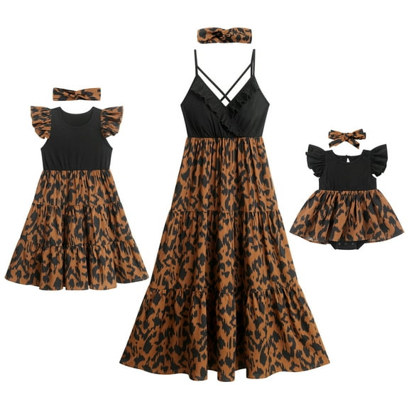 FYMNSI Mommy and Me Dresses with Headband Leopard Print Ruffle Sleeveless/ Flutter-Sleeve Tank Sundress Mom Daughter Matching Outfit Set (Baby 3-6M)