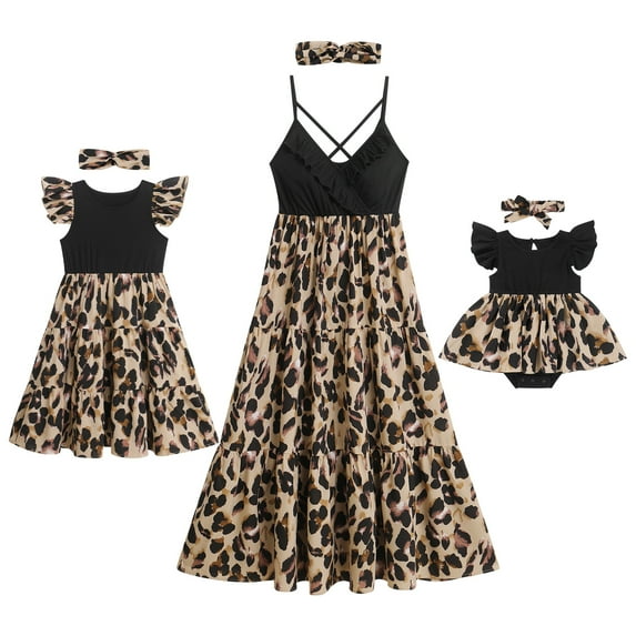 FYMNSI Mommy and Me Dresses with Headband Leopard Print Ruffle Sleeveless/ Flutter-Sleeve Tank Sundress Mom Daughter Matching Outfit Set (Baby 6-9M)