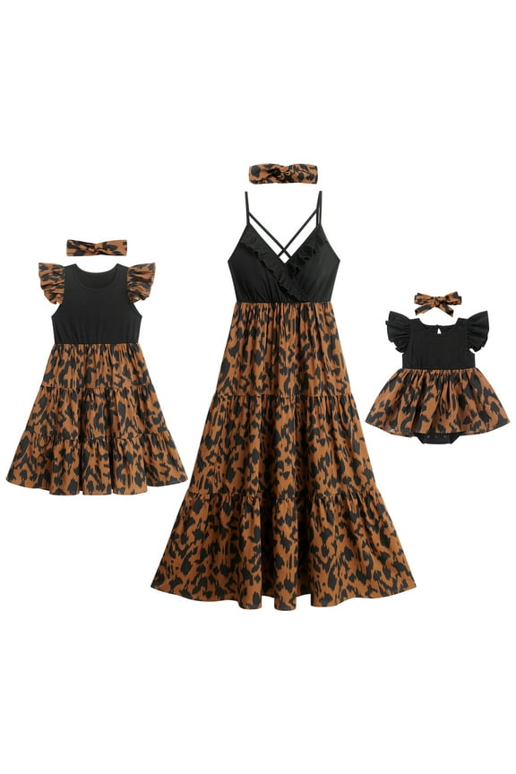 Mommy and Me Dresses with Headband Leopard Print Ruffle Sleeveless/ Flutter-Sleeve Tank Sundress Mom Daughter Matching Outfit Set (Girl 8-9T)