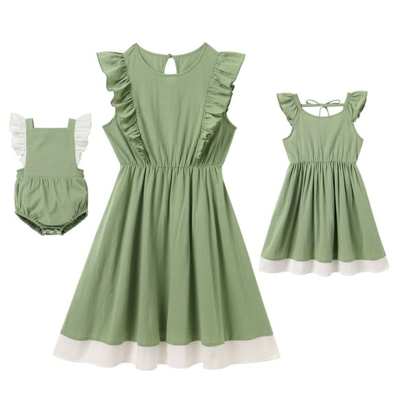 FYMNSI Mommy and Me Linen Cotton Ruffle Dresses Summer Family Matching Outfits Set Casual Sleeveless Beach Sundress Green (Women M)