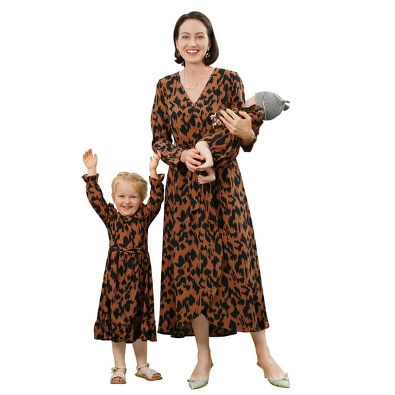 FYMNSI Women Dress Leopard Print Wrap V Neck Long Sleeve Dresses Fall Winter Mommy and Me Dress M