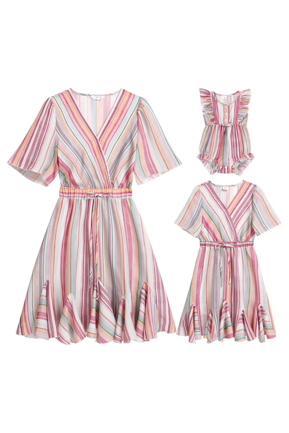 Mommy and Me Matching Dresses Women Wrap V Neck Short Sleeve Dresses Baby Girls Sleeveless Stripes Romper Ruffle Dress Rainbow (Girl 6-7T)