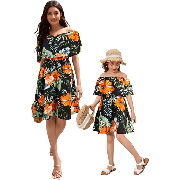 FYMNSI Womens Dress Summer Beach Hawaii Off the Shoulder Dress Mommy and Me Dresses Family Matching Outfits Mom S