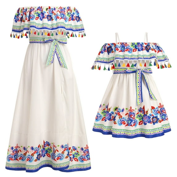 FYMNSI Mexican Dresses with Pockets for Toddler Girl Clothes Floral Off the Shoulder Dress Mommy and Me Boho Sundress White Blue 6-7T