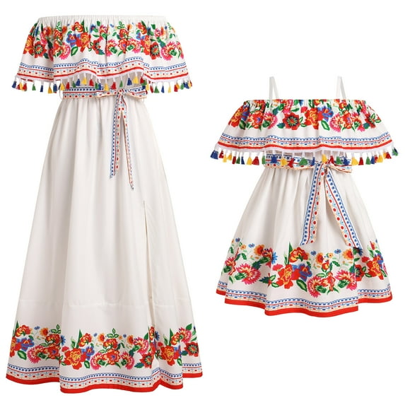 FYMNSI Mexican Dresses with Pockets for Toddler Girl Clothes Floral Off the Shoulder Dress Mommy and Me Boho Sundress White Red 6-7T