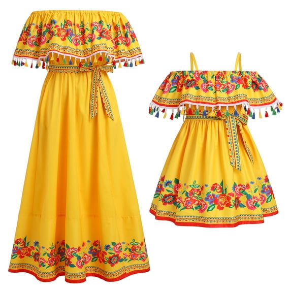 FYMNSI Mexican Dresses with Pockets for Toddler Girl Clothes Floral Off the Shoulder Dress Mommy and Me Boho Sundress Yellow 6-7T