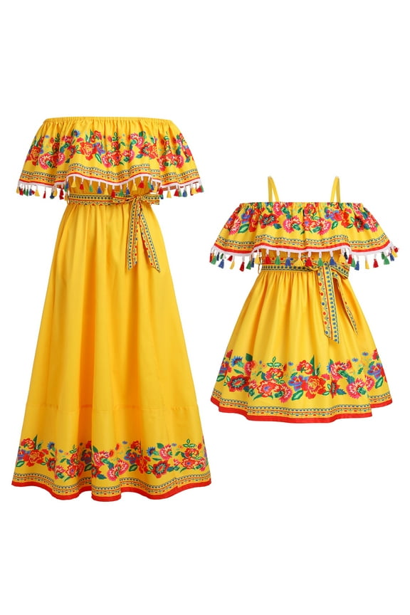 Plus Size Mexican Dresses with Pockets for Women Floral Off the Shoulder Maxi Dress Mommy and Me Boho Sundress Yellow XL