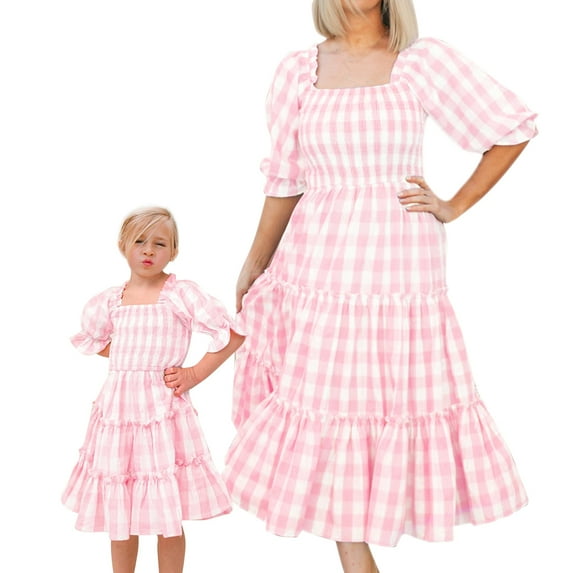 FYMNSI Mommy and Me Pink Plaid Tiered Dress Half Sleeve Spring Summer A-Line Dress Tea Party Ruffle Dress Family Matching Outfit Mom-S Plaid