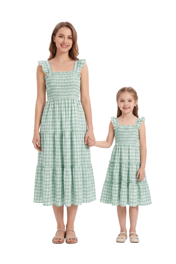 Mommy and Me Plaid Print Dresses with Pockets Sleeveless Smocked Long Sundress Casual High Waist Midi Tank Dress Green (Girl 2T)