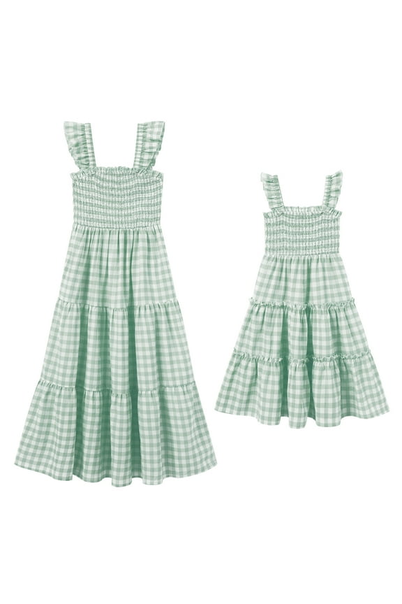 Mommy and Me Plaid Print Dresses with Pockets Sleeveless Smocked Long Sundress Casual High Waist Midi Tank Dress Green (Girl 2T)