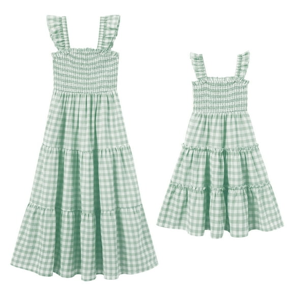 FYMNSI Mommy and Me Plaid Print Dresses with Pockets Sleeveless Smocked Long Sundress Casual High Waist Midi Tank Dress Green (Women XS)