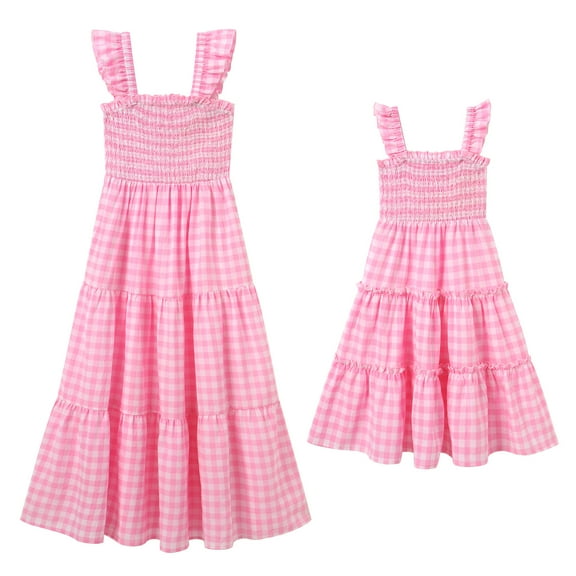 FYMNSI Mommy and Me Plaid Print Dresses with Pockets Sleeveless Smocked Long Sundress Casual High Waist Midi Tank Dress Pink (Girl 4-5T)