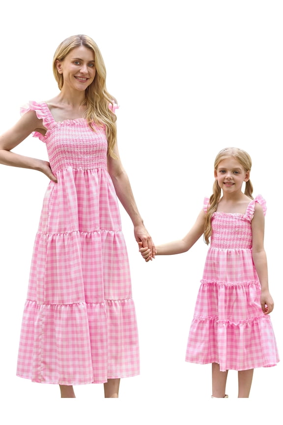 Mommy and Me Plaid Print Dresses with Pockets Sleeveless Smocked Long Sundress Casual High Waist Midi Tank Dress Pink (Girl 4-5T)