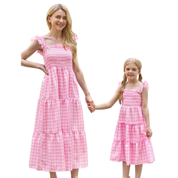 FYMNSI Mommy and Me Plaid Print Dresses with Pockets Sleeveless Smocked Long Sundress Casual High Waist Midi Tank Dress Pink (Girl 4-5T)