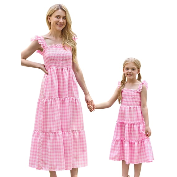FYMNSI Mommy and Me Plaid Print Dresses with Pockets Sleeveless Smocked Long Sundress Casual High Waist Midi Tank Dress Pink (Girl 6-7T)