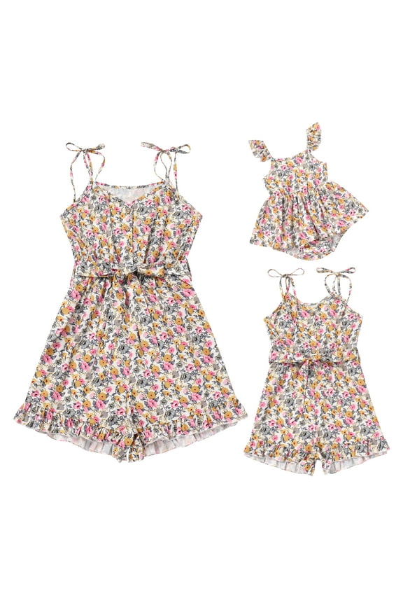 Mommy and Me Rompers Matching Outfit Sleeveless Belted Casual Jumpsuit Spaghetti Strap Short Overall Set Beige (Women L)