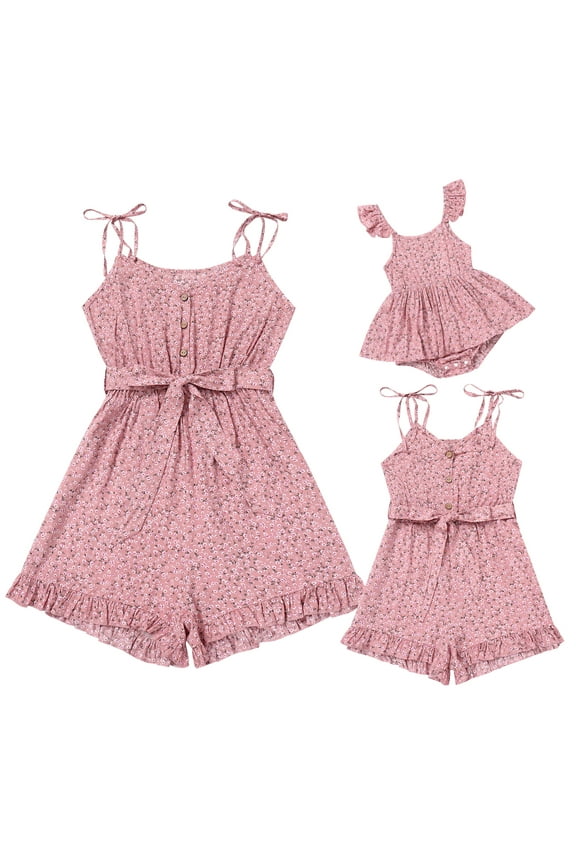 Mommy and Me Rompers Matching Outfit Sleeveless Belted Casual Jumpsuit Spaghetti Strap Short Overall Set Pink (Baby 3-6M)