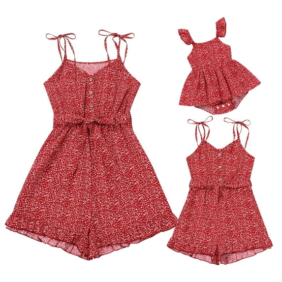 FYMNSI Mommy and Me Rompers Matching Outfit Sleeveless Belted Casual Jumpsuit Spaghetti Strap Short Overall Set Red (Baby 12-18M)